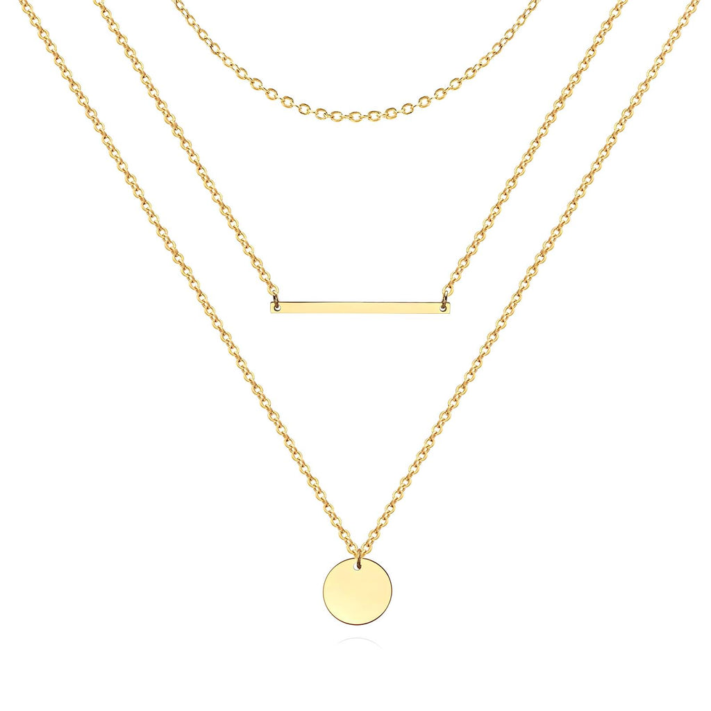 Triple Layered Gold-Plated Stainless Bar & Disc Necklace