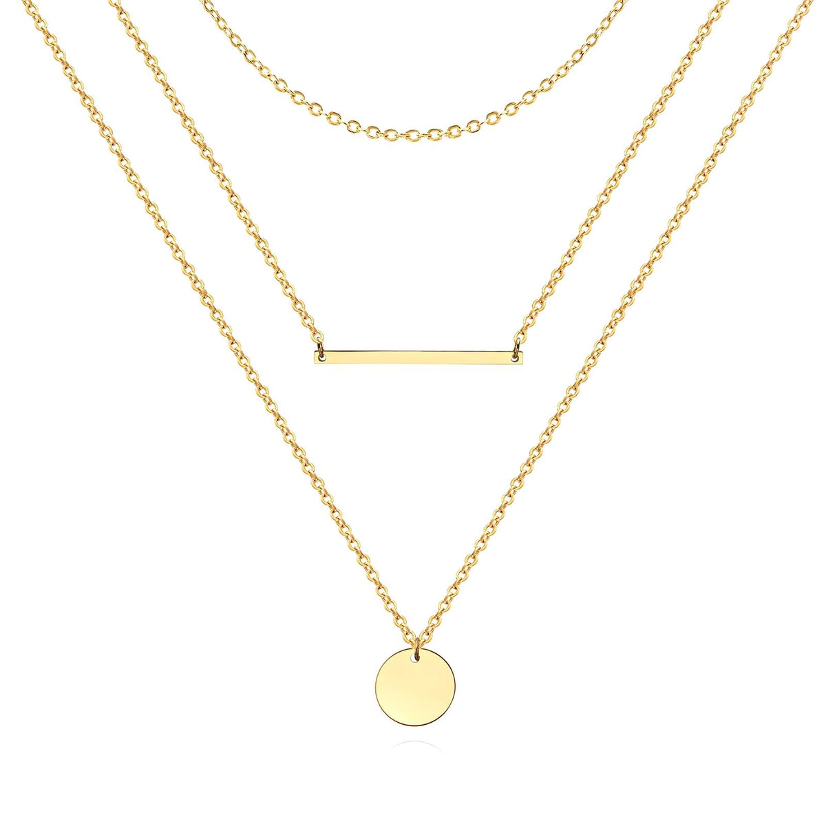 Triple Layered Gold-Plated Stainless Bar & Disc Necklace