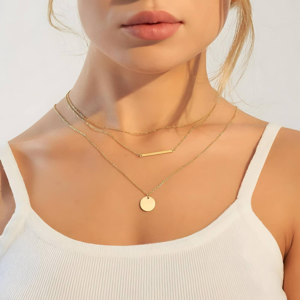 Triple Layered Gold-Plated Stainless Bar & Disc Necklace