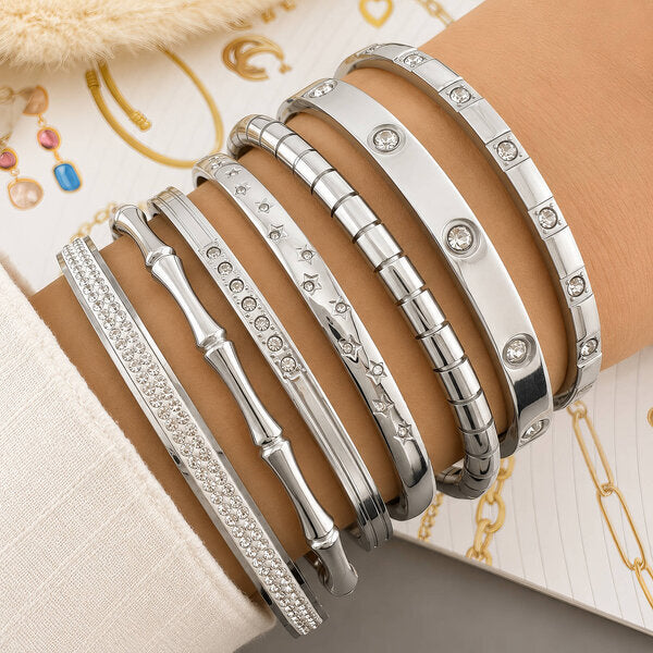 Silver Bezel-Set Crystal Bangle