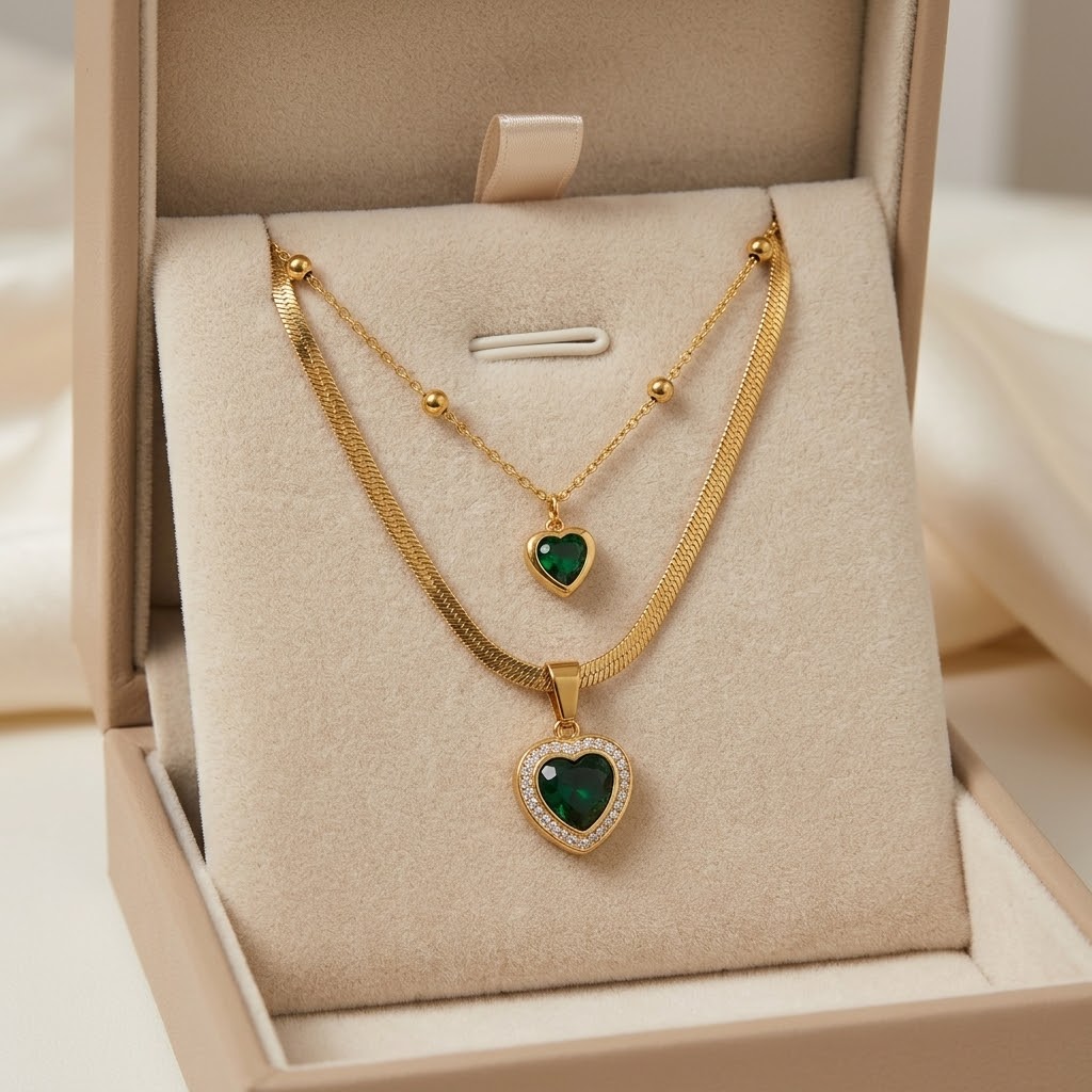 Double-Layered Gold Snake Chain & Beaded Emerald Heart Necklace