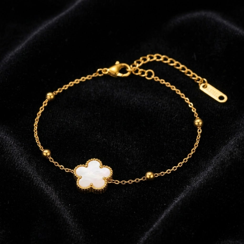 Pearl-Beaded Flower Chain Bracelet 18K Gold