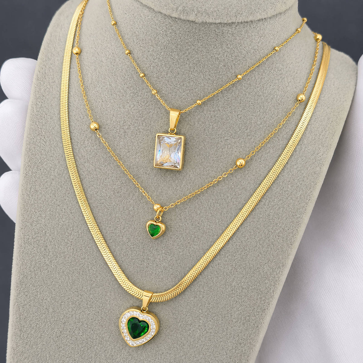Double-Layered Gold Snake Chain & Beaded Emerald Heart Necklace