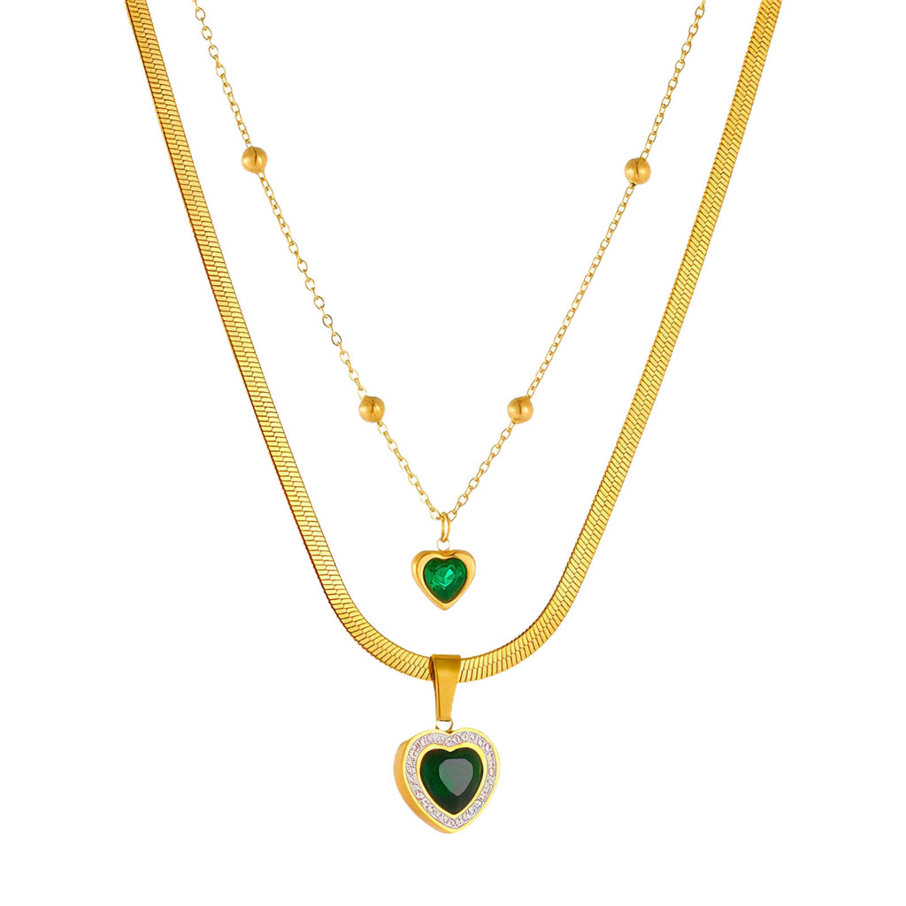 Double-Layered Gold Snake Chain & Beaded Emerald Heart Necklace