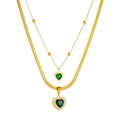 Double-Layered Gold Snake Chain & Beaded Emerald Heart Necklace