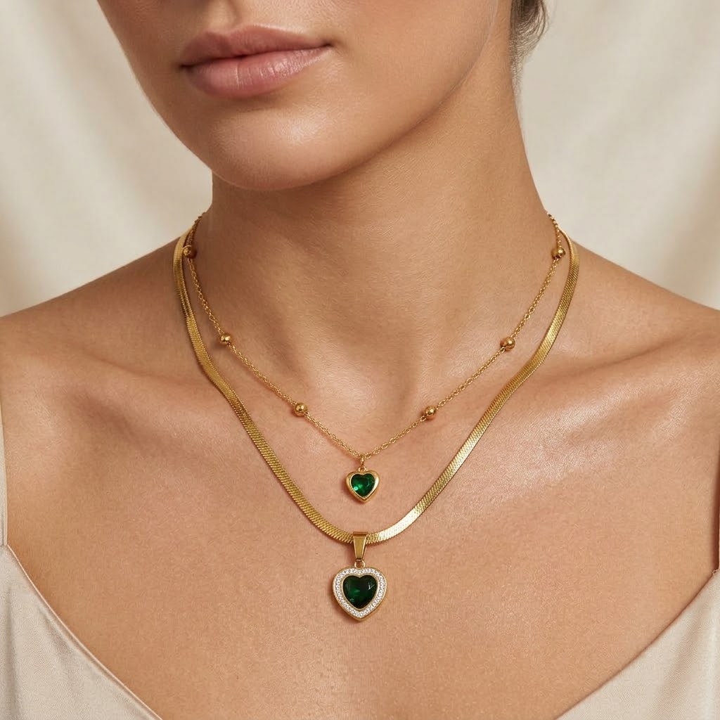 Double-Layered Gold Snake Chain & Beaded Emerald Heart Necklace