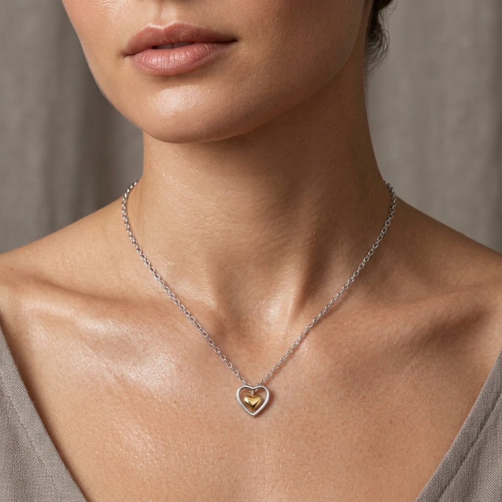 Two-Tone Floating Heart Intensity Pendant Necklace