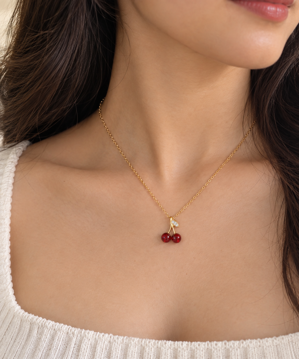 Cherry Crystal Necklace – PVD Gold-Plated Brass