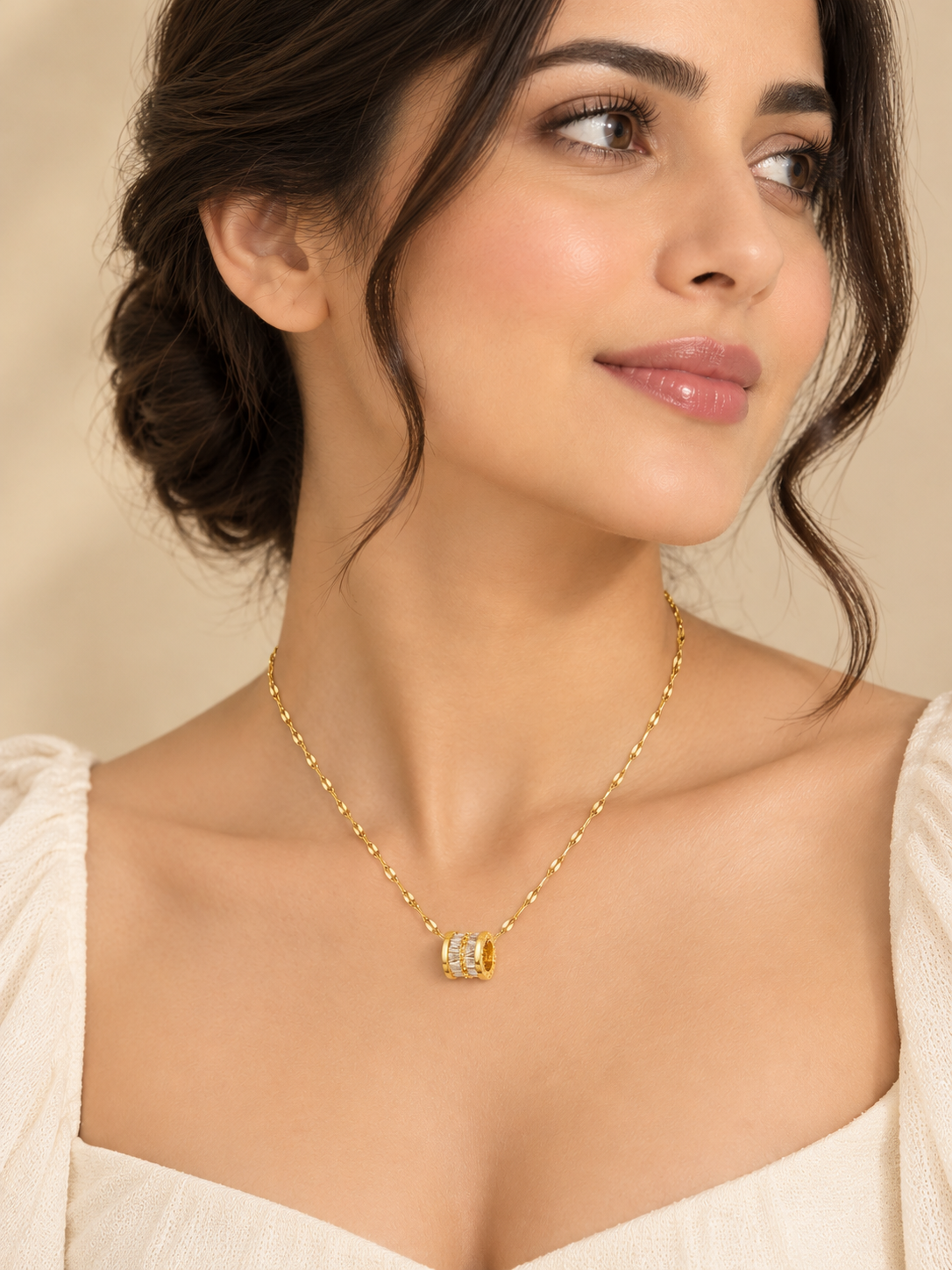 Gold Barrel Crystal Pendant Necklace-Gold-Plated