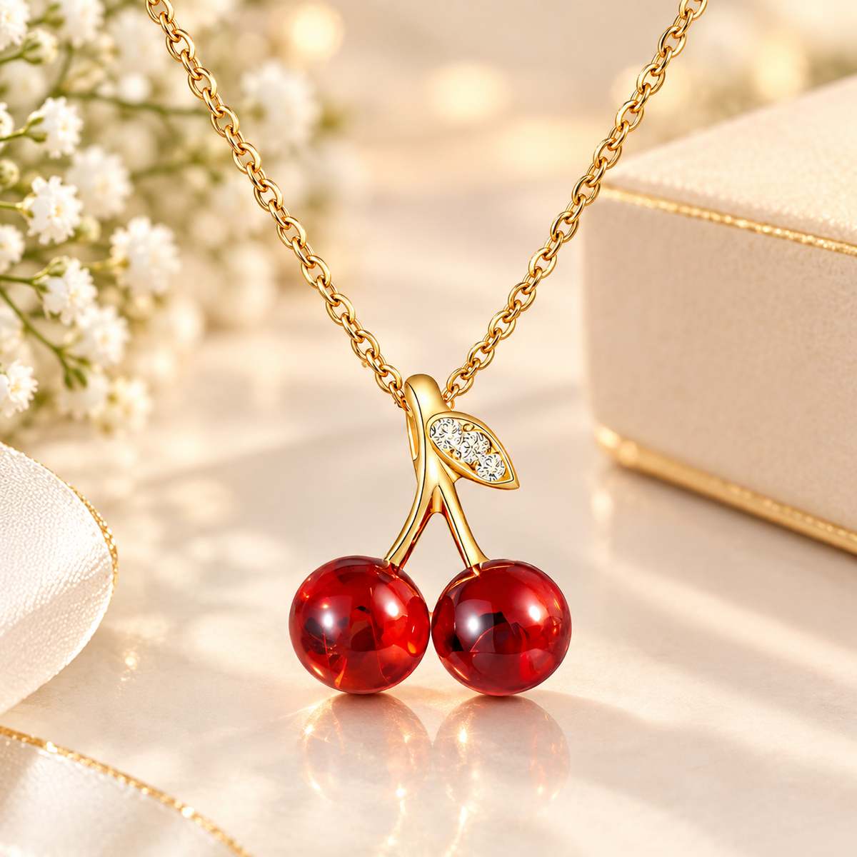 Cherry Crystal Necklace – PVD Gold-Plated Brass
