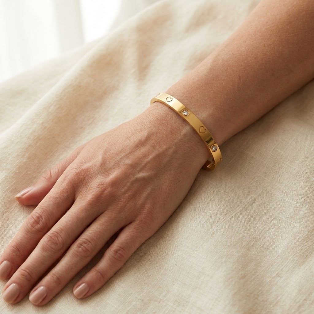 18K Gold Heart & Crystal Bangle