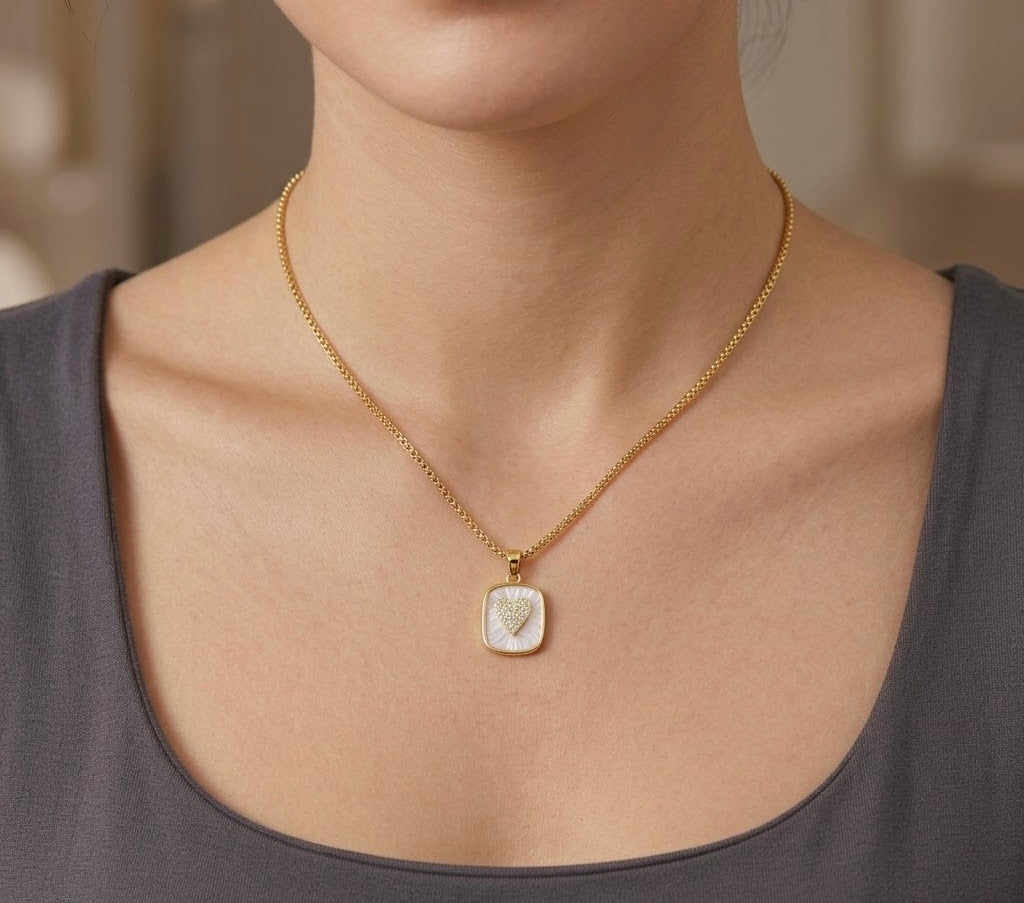 Mother of Pearl Heart Pendant Necklace-18K Gold Finish