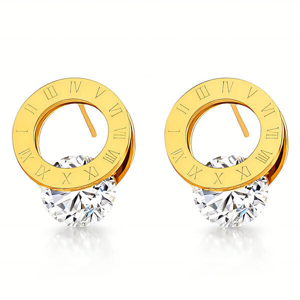 Roman Numeral Crystal Stud Gold Plated Earringg
